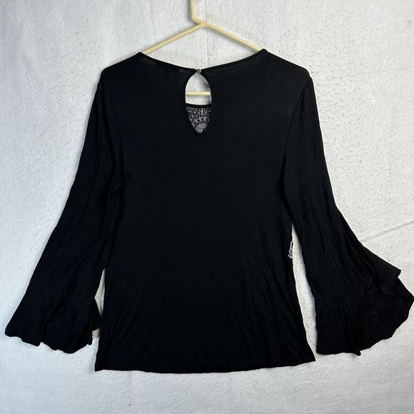 Cupio Blouse Women Medium Black Mandala Pattern Keyhole Back Flared Long Sleeve - Picture 6 of 10